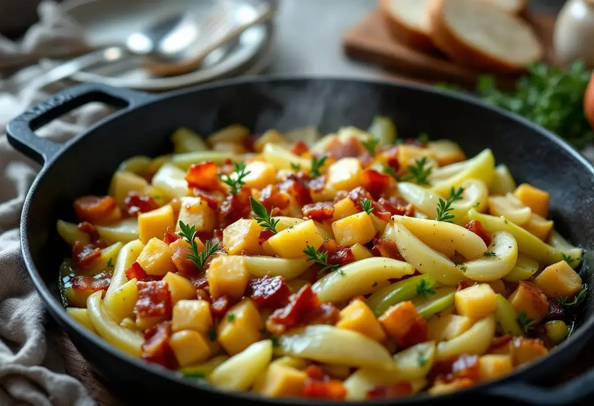 „Ich kann es in 10 Minuten für die ganze Familie kochen“: mein unglaublich leckeres Rezept für eine Lauch-Apfel-Speck-Backmischung, so einfach und schnell.