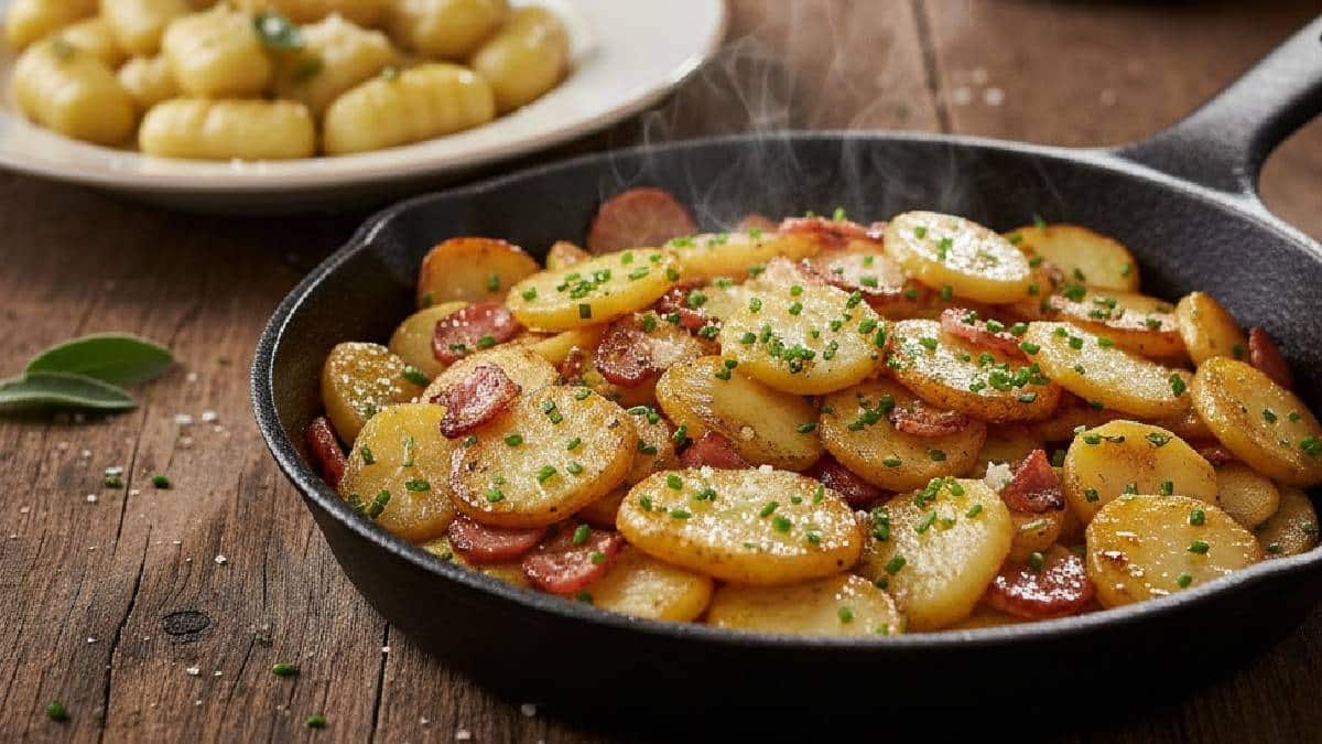 Pfanne mit goldbraun gebratenen Bratkartoffeln, Speck und frischem Schnittlauch auf einem Holztisch