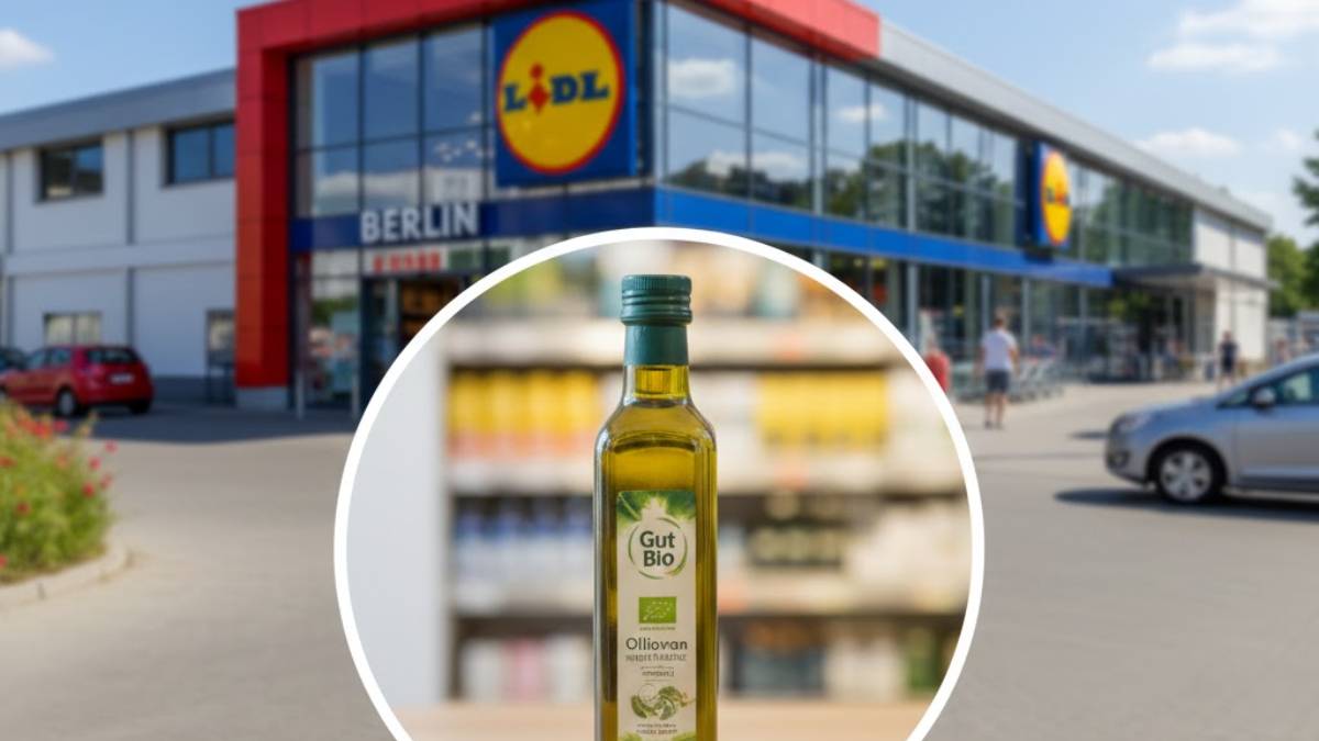 Ein Lidl-Supermarkt in Berlin als Hintergrund mit einem Testsieger-Olivenöl im Vordergrund – Öko-Test 2026 Vergleich