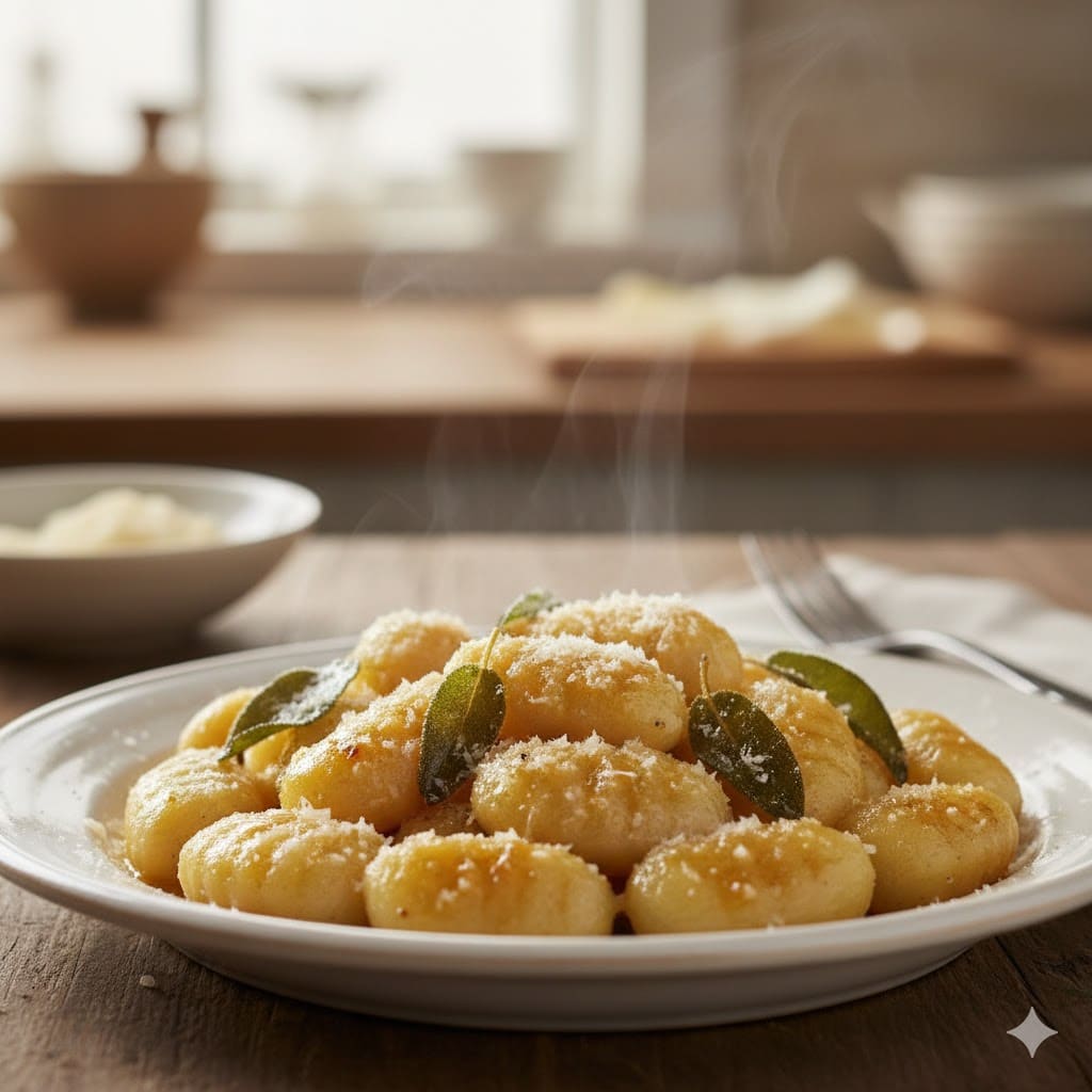 Ein Teller mit frischen hausgemachten Kartoffel-Gnocchi, serviert mit Salbeibutter und Parmesan
