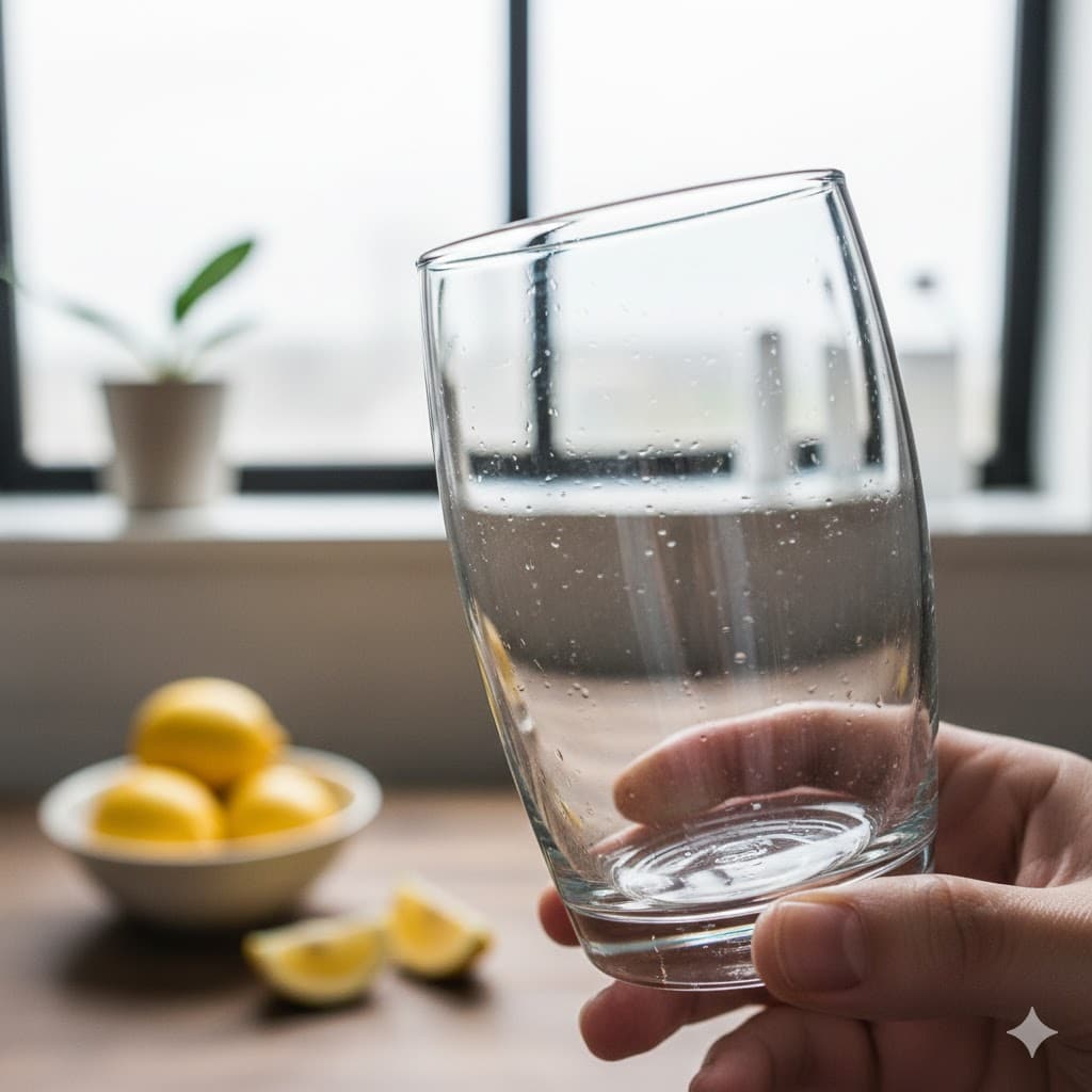 Eine Person hält ein glänzendes, sauberes Glas nach dem Spülgang mit dem Zitronen-Trick in der Hand