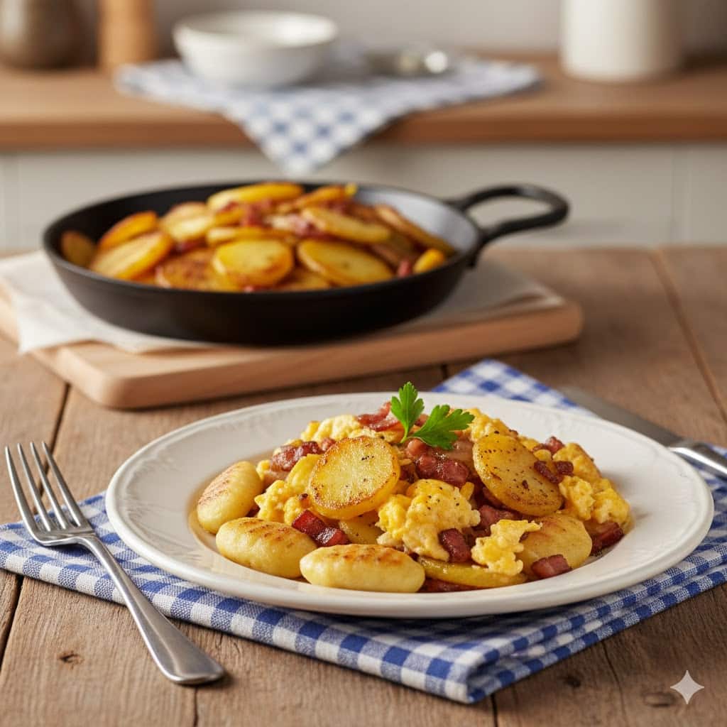 Ein Teller mit herzhaftem Bauernfrühstück aus Bratkartoffeln, Rührei und Speck auf einem blau-weiß karierten Küchentuch.