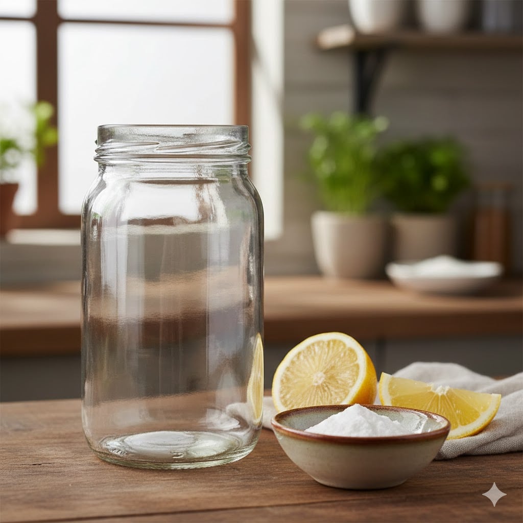 Ein makellos sauberes Glas ohne Klebereste neben der Natron-Öl-Mischung auf einer Arbeitsplatte.