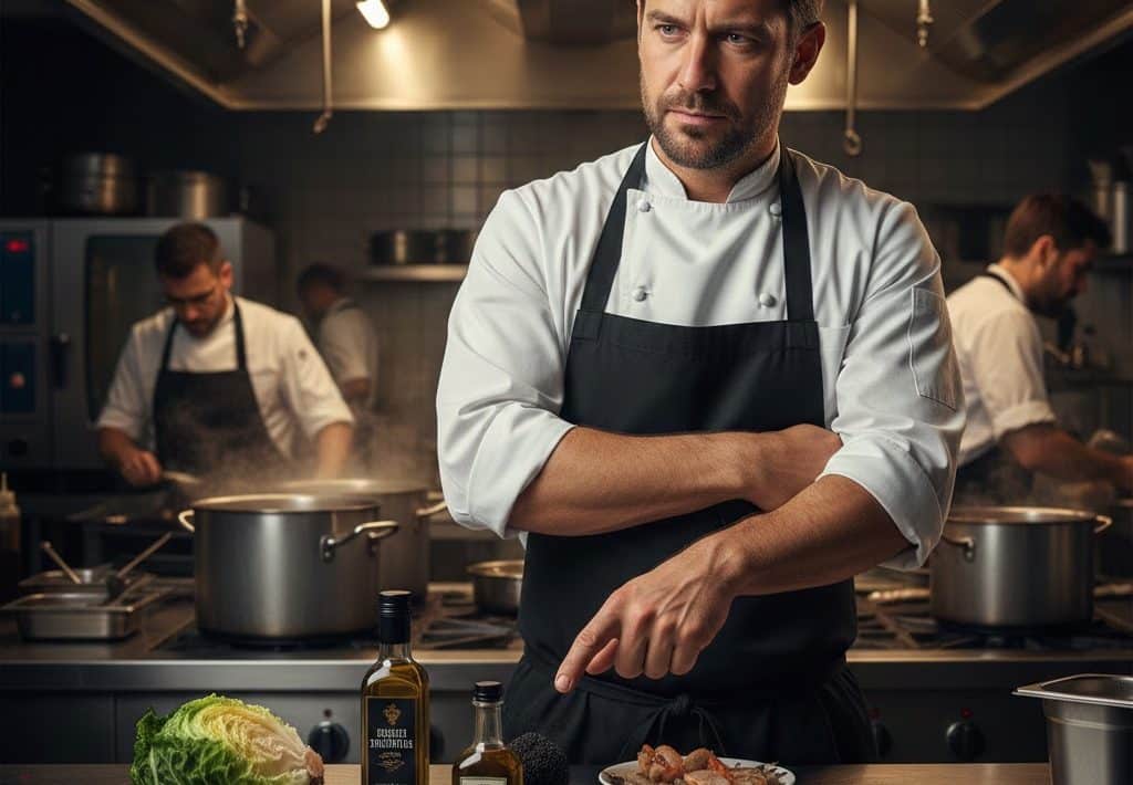 Ein Profi-Koch in der Restaurant-Küche zeigt auf Gerichte, die man besser nicht bestellen sollte