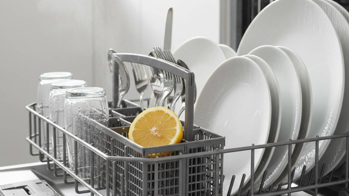 Frische Zitronenhälfte im Besteckkorb einer offenen Spülmaschine mit sauberem Geschirr