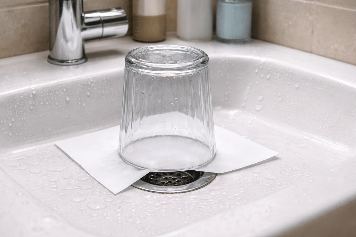 Wenn ich das Haus verlasse, lasse ich absichtlich ein Glas und ein Blatt Papier im Waschbecken liegen: eine einfache, aber überraschend clevere Angewohnheit.