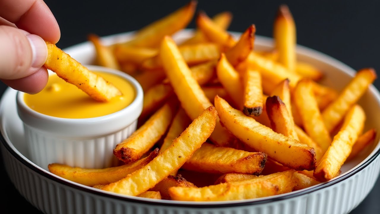 Fügen Sie es vor dem Frittieren zu den Pommes frites hinzu. Sie werden goldbraun, perfekt knusprig und nehmen kein Fett auf.