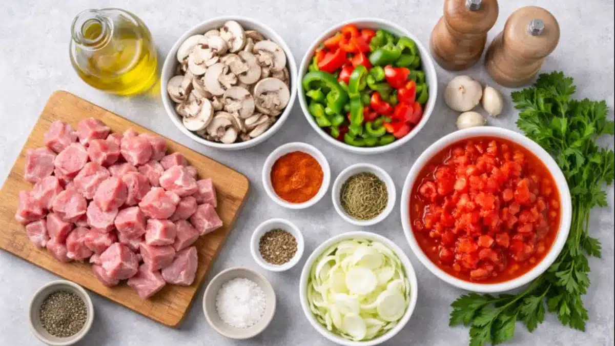 Rezept für Schweinefleisch mit Pilzen und Zwiebeln, in der Pfanne zubereitet